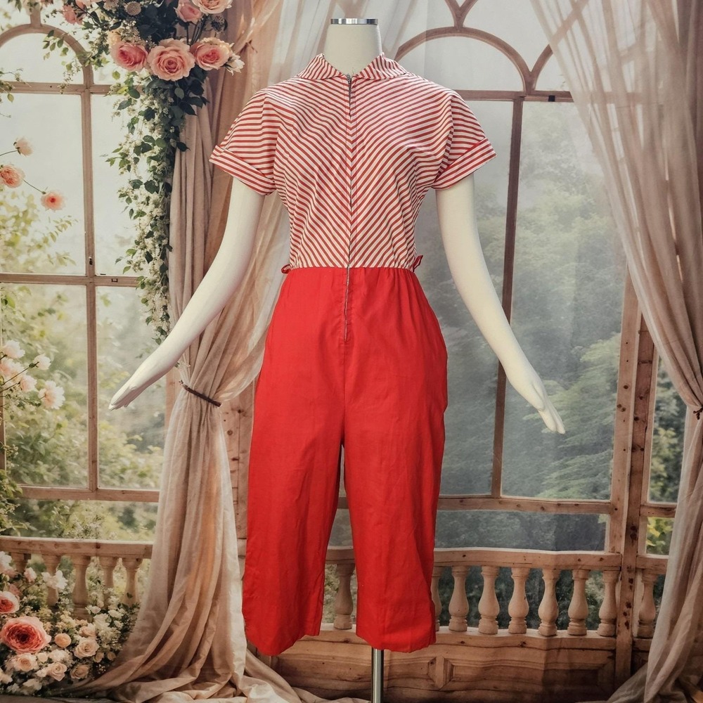 Vintage 1960's Jumpsuit Red White Striped Top Red Pants Capri Fancy Free